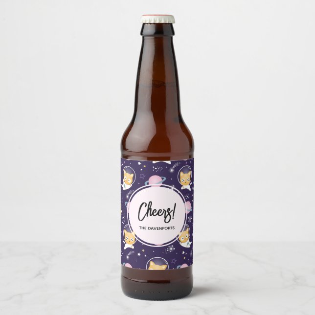 Étiquette Pour Bouteilles De Bière Cute Kitty Chat Astronauts Motif (Devant)