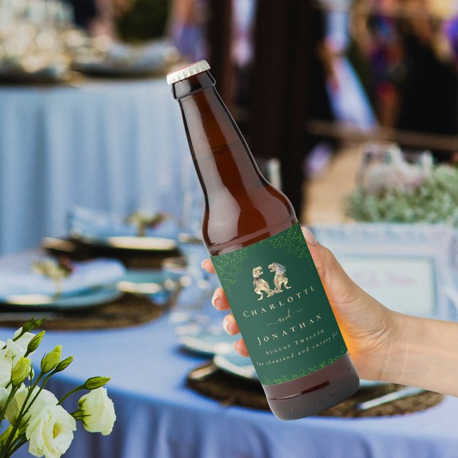Étiquette Pour Bouteilles De Bière Dinosaur Thème Mariage Vert foncé (Dinosaur wedding dark green custom beer labels T-Rex dino bride and groom eucalyptus foliage)