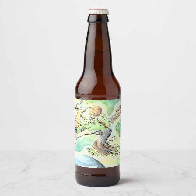 Étiquette Pour Bouteilles De Bière Dragon Vert À La Lumière Des Étoiles (Devant)