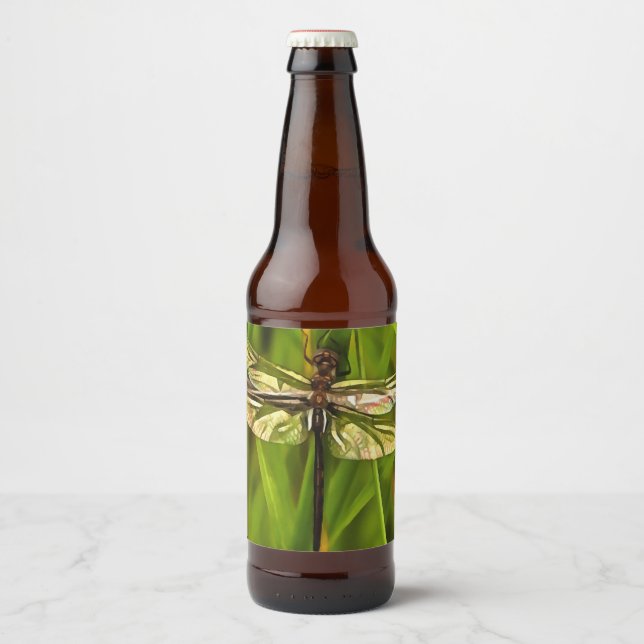 Étiquette Pour Bouteilles De Bière Dragonfly Artistique En Brown Et Jaune Sur Vert (Devant)