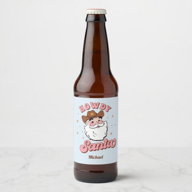 Étiquette Pour Bouteilles De Bière Drôle Père Noël Cowboy Texas Noël (Devant)