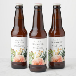 Étiquette Pour Bouteilles De Bière Elégant Aquarelle Succulent Rose Mariage