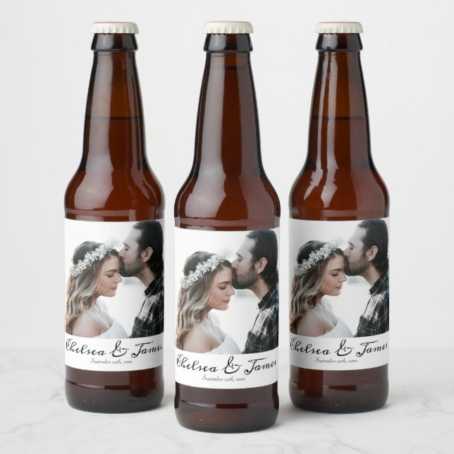 Étiquette Pour Bouteilles De Bière Élégant Mariage photo de calligraphie personnalisé (Bouteilles)