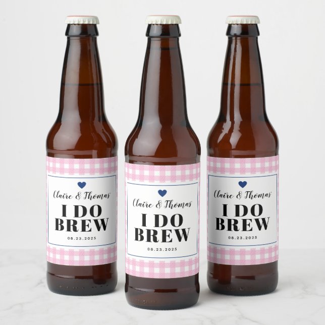 Étiquette Pour Bouteilles De Bière En vichy rose avec bleu marine I Do Brew Mariage (Bouteilles)