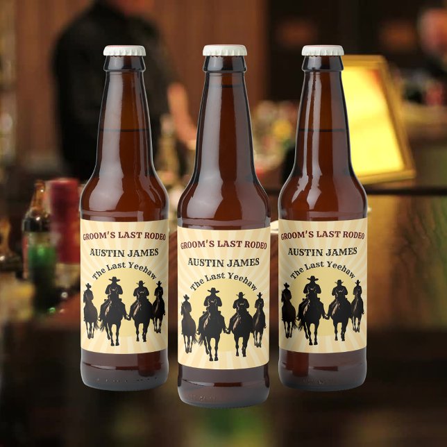 Étiquette Pour Bouteilles De Bière Enterrement de vie de garçon Cowboy du dernier rod (Groom’s Last Rodeo Cowboy Sunset Bachelor Party Beer Bottle Label)