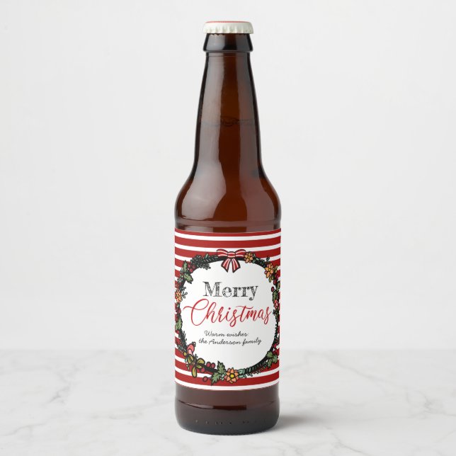 Étiquette Pour Bouteilles De Bière Festive Wreath & Red Stripes | Joyeux Noël (Devant)