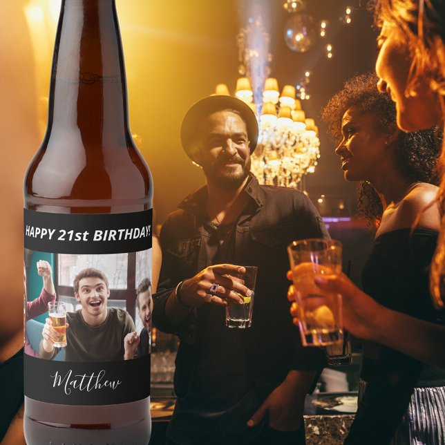 Étiquette Pour Bouteilles De Bière Fête d'anniversaire personnalisée photo noir blanc (Créateur téléchargé)