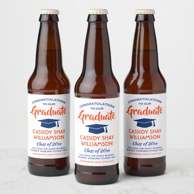 Étiquette Pour Bouteilles De Bière Fêtes de Graduation Fêtes Moderne Orange et Bleu (Bouteilles)