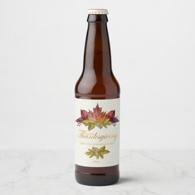 Étiquette Pour Bouteilles De Bière Feuilles aquarelle, Thanksgiving (Devant)