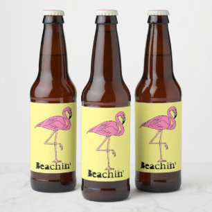 Étiquette Pour Bouteilles De Bière Fun Retro Beach Sunny Beach' rose flamingo