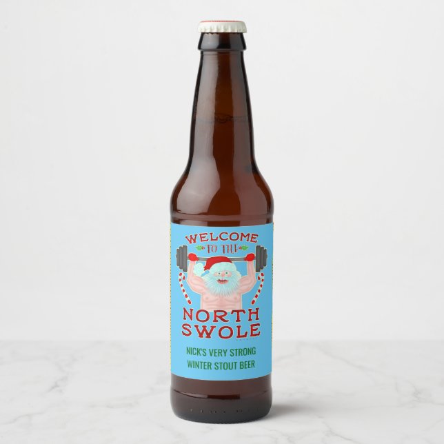 Étiquette Pour Bouteilles De Bière Funny Christmas Père Noël Swole Weightlifter Homeb (Devant)