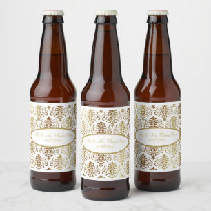 Étiquette Pour Bouteilles De Bière Gold Damask White Script Mariage élégant
