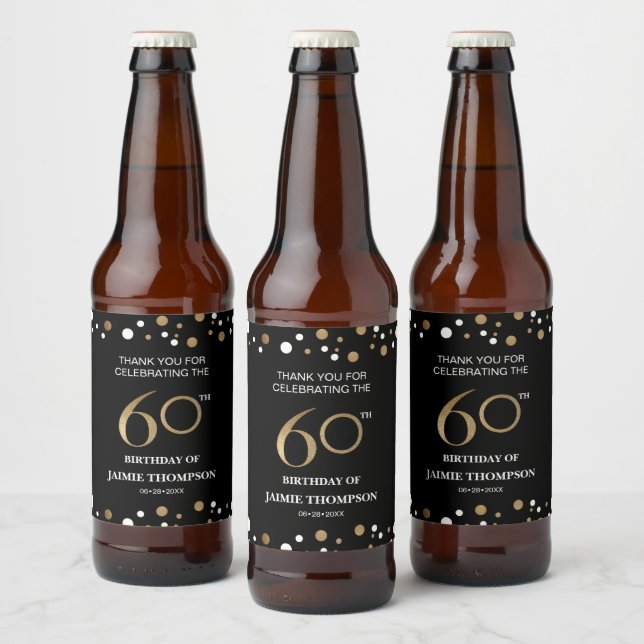 Étiquette Pour Bouteilles De Bière Gold noir 60e anniversaire thème confetti merci (Bouteilles)