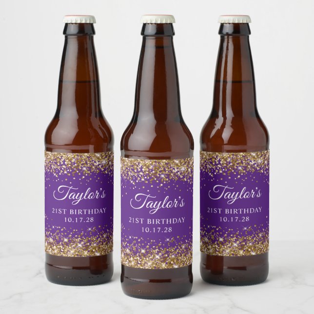 Étiquette Pour Bouteilles De Bière Gold Parties scintillant Royal Purple 21e annivers (Bouteilles)