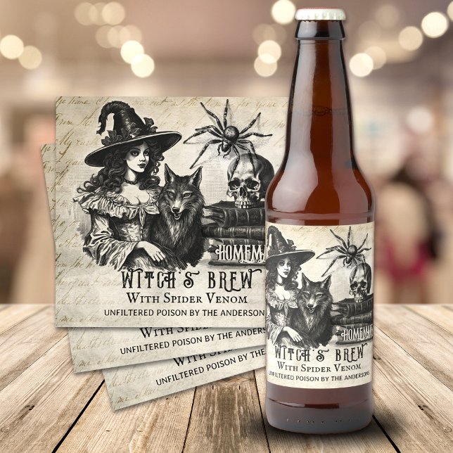 Étiquette Pour Bouteilles De Bière Gothique Halloween sorcière crâne brun venin poiso (Funny Halloween custom beer labels, Witch's Brew, Spider venom, Unfiltered poison)