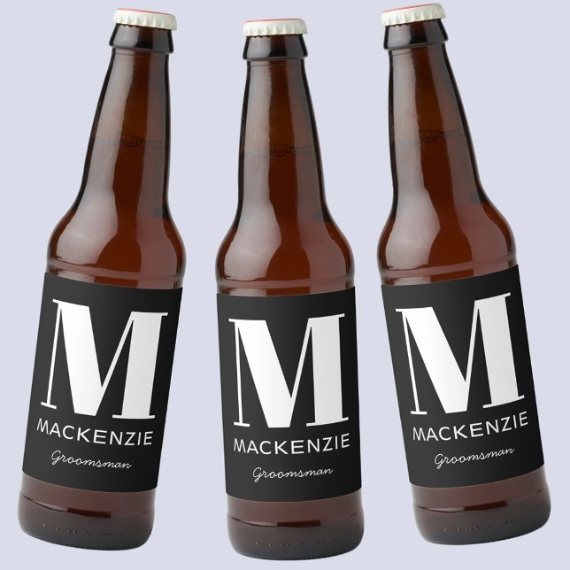 Étiquette Pour Bouteilles De Bière Groomsman Monogramme Nom Noir (Modern monogram initial name groomsman black beer bottle labels)