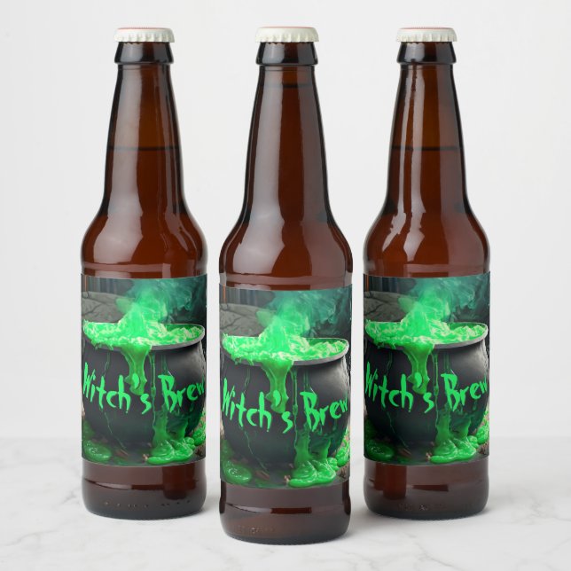 Étiquette Pour Bouteilles De Bière Halloween en cauldron de sorcière bouillonnante (Bouteilles)
