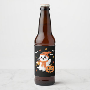Étiquette Pour Bouteilles De Bière Joli fantôme buvant un café glacé Halloween