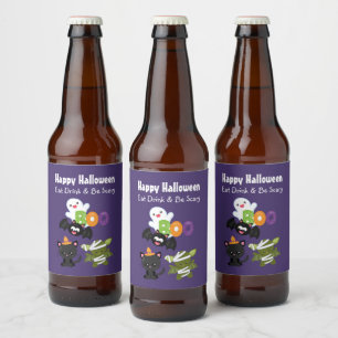 Étiquette Pour Bouteilles De Bière Joli Halloween Chat, chauve-souris, maman et fantô