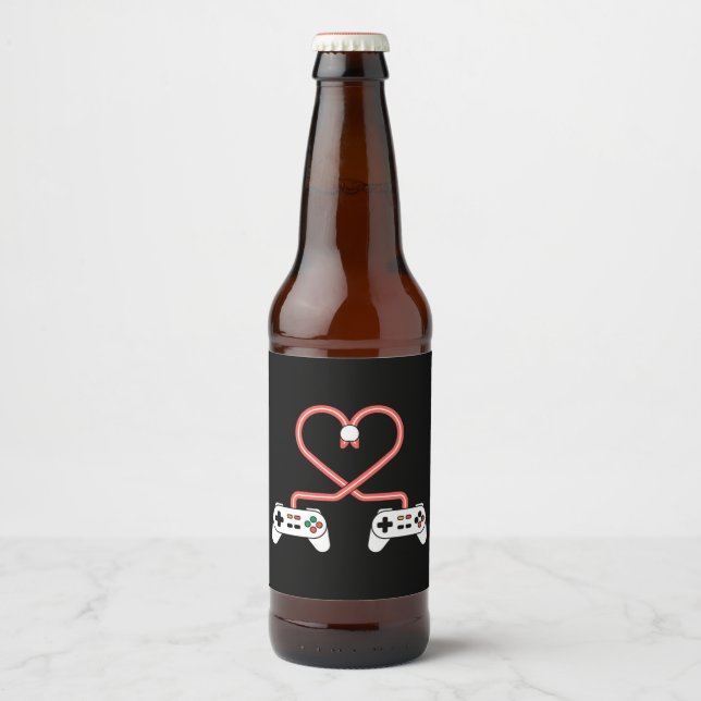 Étiquette Pour Bouteilles De Bière Joueur Vidéo Valentines Jour Avec Contrôleurs Coeu (Devant)