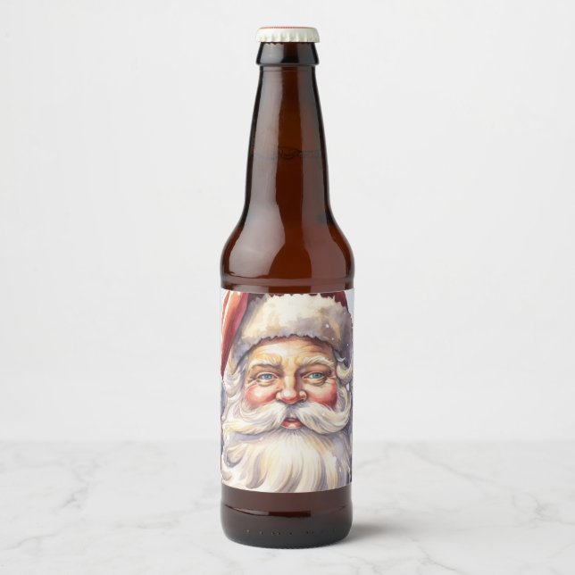 Étiquette Pour Bouteilles De Bière Le Père Noël rétro dans un Noël Casquette rouge (Devant)