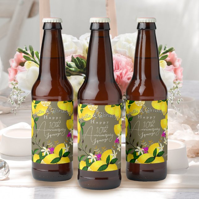 Étiquette Pour Bouteilles De Bière Lemon Squeeze  (10th Wedding Anniversary Lemon Squeeze Beer BottleLabel)