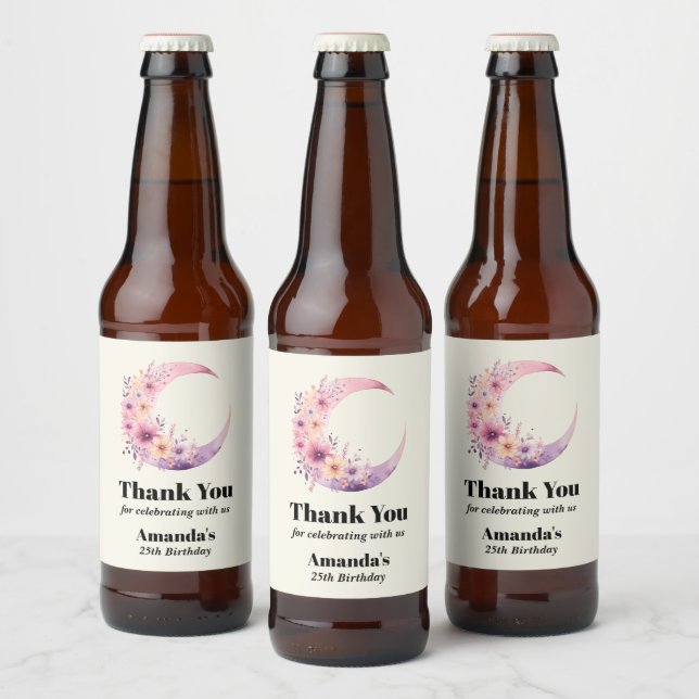 Étiquette Pour Bouteilles De Bière Lune rose Croissant avec de jolies fleurs Annivers (Bouteilles)