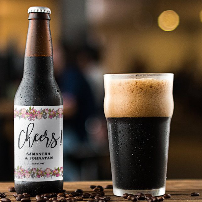 Étiquette Pour Bouteilles De Bière Mariage de frontière rose (Créateur téléchargé)