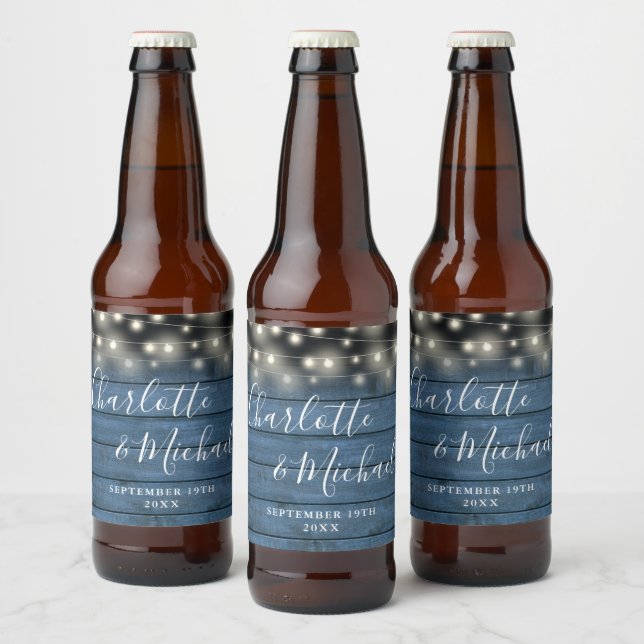 Étiquette Pour Bouteilles De Bière Mariage de script rustique en bois bleu (Bouteilles)