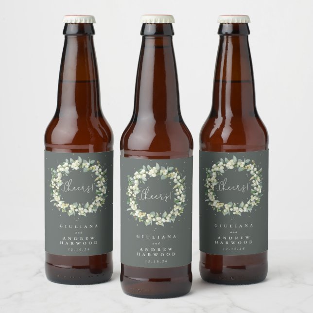 Étiquette Pour Bouteilles De Bière Mariage d'hiver Grey-Green Snowberry+Eucalyptus (Bouteilles)