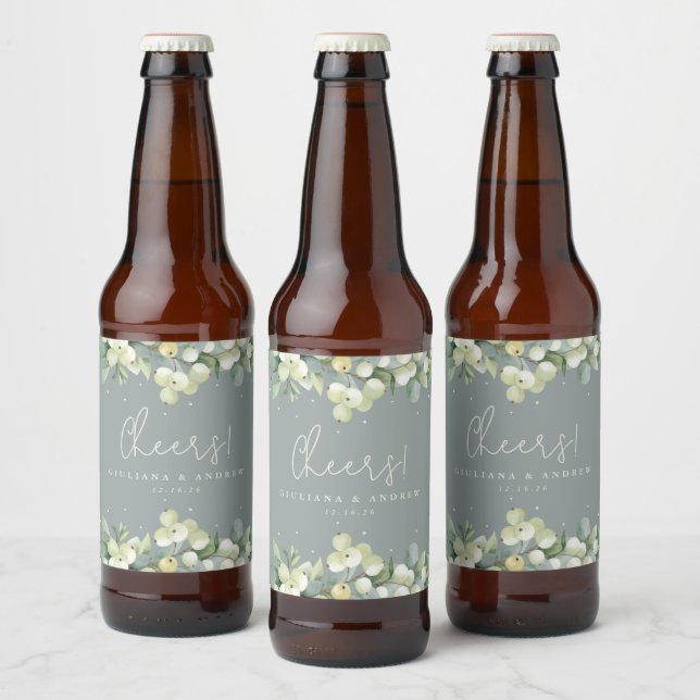 Étiquette Pour Bouteilles De Bière Mariage d'hiver Seafoam Green Snowberry+Eucalyptus (Bouteilles)