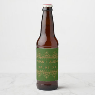 Étiquette Pour Bouteilles De Bière Mariage indien Gold Henna Paisley Green