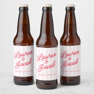 Étiquette Pour Bouteilles De Bière Mariage Moderne Minimaliste Rayures Rouges et Rose