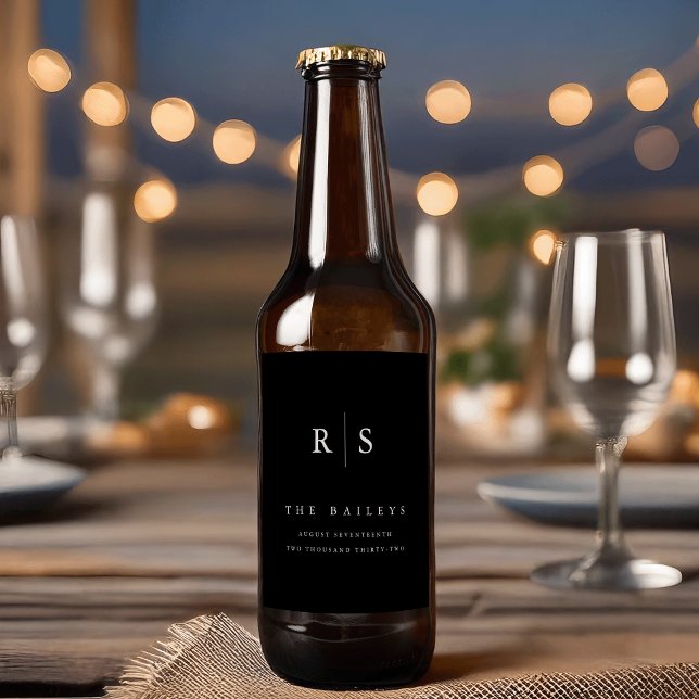 Étiquette Pour Bouteilles De Bière Mariage Monogramme noir & écrin classique (Créateur téléchargé)
