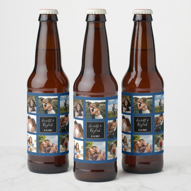 Étiquette Pour Bouteilles De Bière Mariage photo collage noir et bleu (Bouteilles)