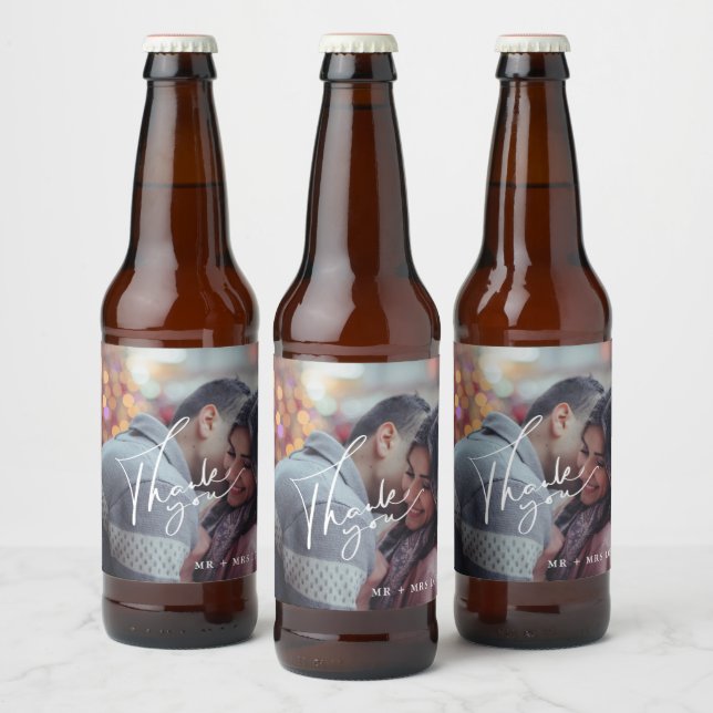 Étiquette Pour Bouteilles De Bière Mariage photo moderne Merci (Bouteilles)