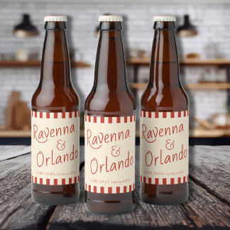 Étiquette Pour Bouteilles De Bière Mariage Rétro Minimaliste Rayures Ivoire Rouge