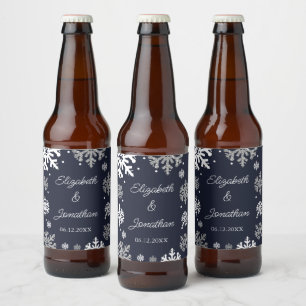 Étiquette Pour Bouteilles De Bière Marine Blue Snowflakes Mariage d'hiver