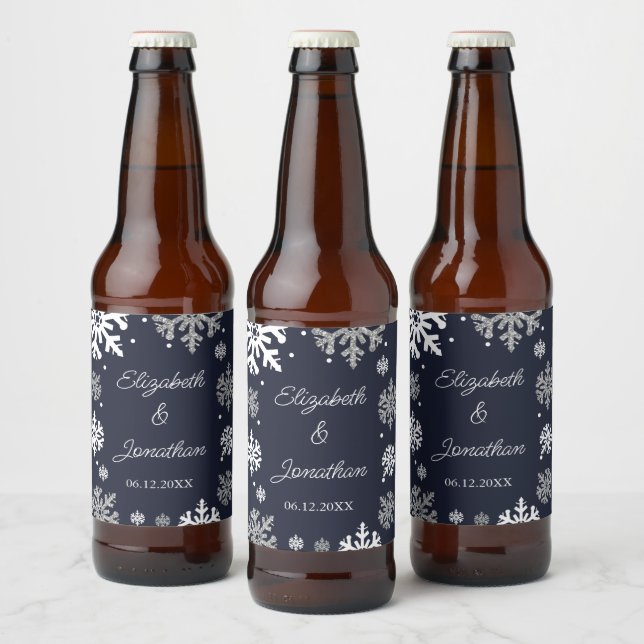 Étiquette Pour Bouteilles De Bière Marine Blue Snowflakes Mariage d'hiver (Bouteilles)