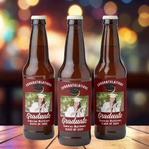 Étiquette Pour Bouteilles De Bière Maroon White Graduate Photo 2025 Graduation Party