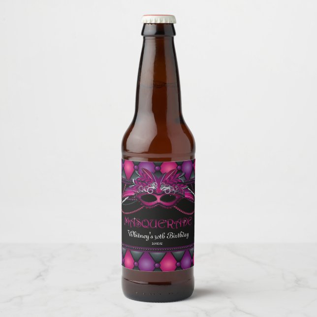 Étiquette Pour Bouteilles De Bière Masquerade Party, rose et violet (Devant)