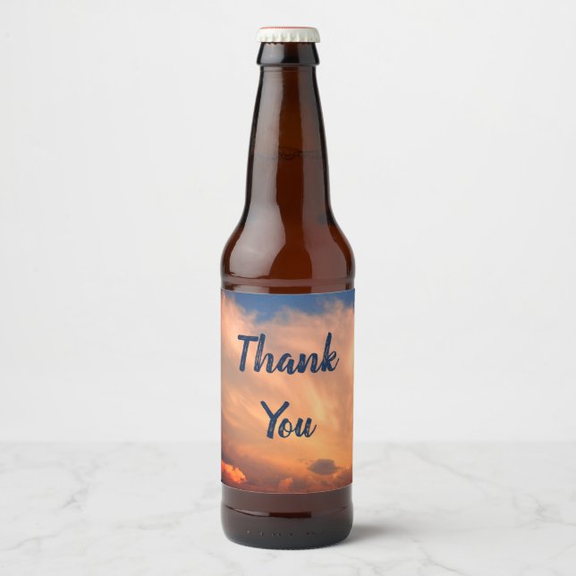 Étiquette Pour Bouteilles De Bière Merci bleu ciel rose nuages Appréciation (Devant)