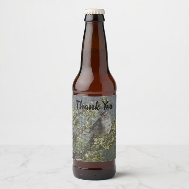 Étiquette Pour Bouteilles De Bière Merci Sparrow sur Branche Mosaic Appréciation (Devant)