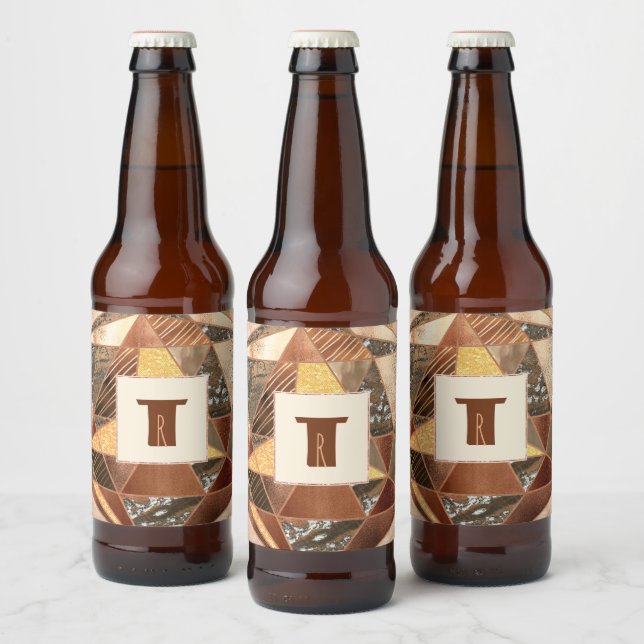 Étiquette Pour Bouteilles De Bière Monogramme de la géométrie du cuivre et de l'or mo (Bouteilles)