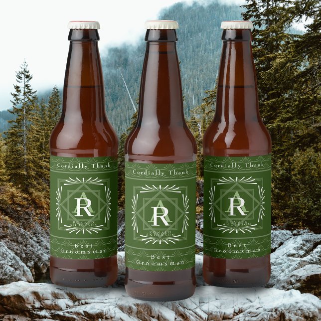 Étiquette Pour Bouteilles De Bière Monogramme vert cadre élégant (Modern stylish Monogram Design. )