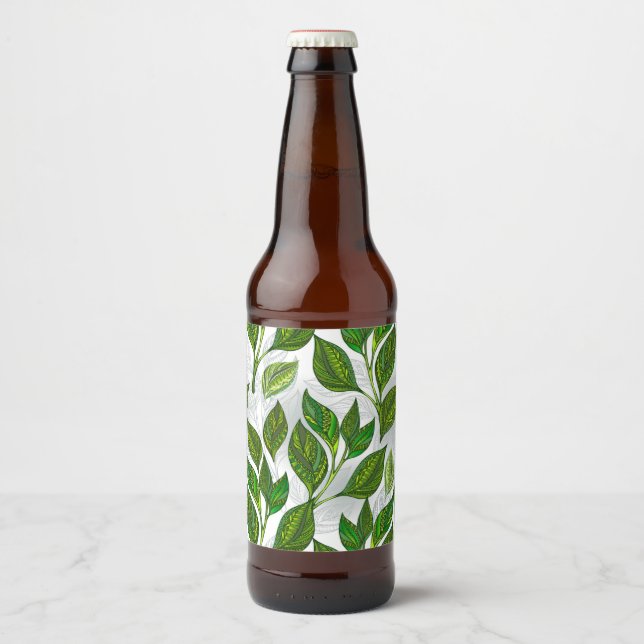 Étiquette Pour Bouteilles De Bière Motif sans couture avec Feuilles de thé vert (Devant)