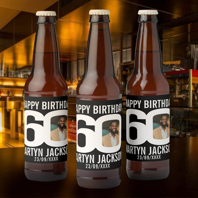 Étiquette Pour Bouteilles De Bière Noir 60e anniversaire personnalisé nom photo étiqu (Créateur téléchargé)