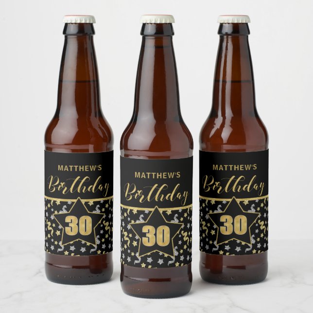 Étiquette Pour Bouteilles De Bière Nom 30e anniversaire Confetti Thème en Or sur Noir (Bouteilles)