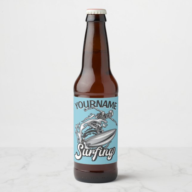 Étiquette Pour Bouteilles De Bière Noms PERSONNALISÉS Surfeur Grande Vague Squelette  (Devant)