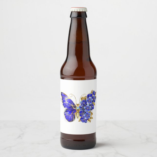 Étiquette Pour Bouteilles De Bière Papillon saphir à fleurs (Devant)